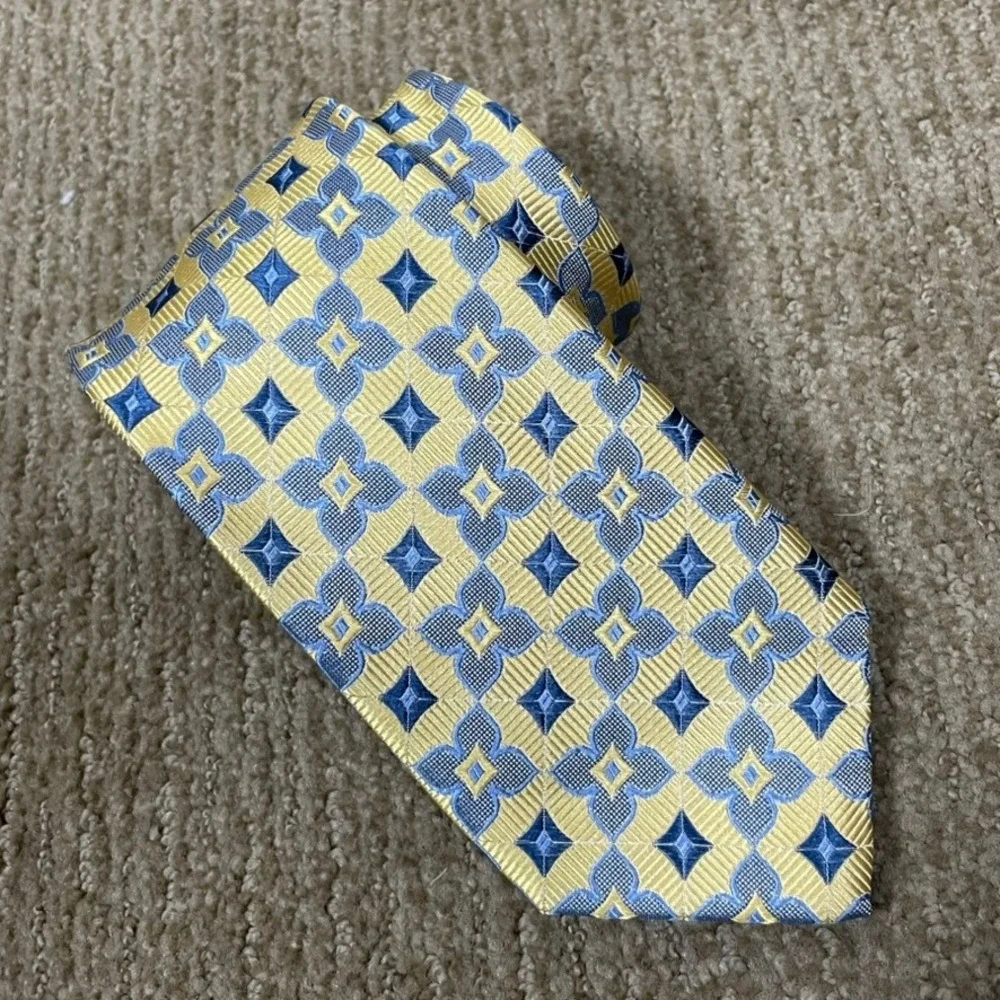 Paul Fredrick Silk Tie Mens OS Gold‎ Blue Classic Wedding Geometric 60x3.25